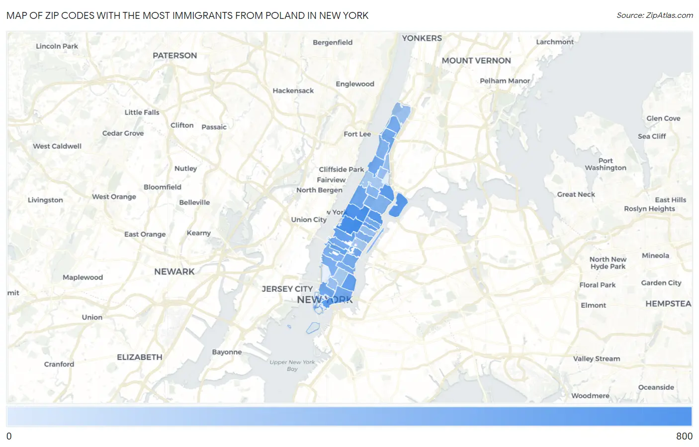 Zip Codes with the Most Immigrants from Poland in New York Map