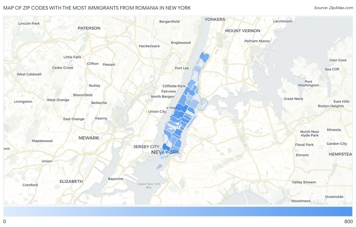 Zip Codes with the Most Immigrants from Romania in New York Map