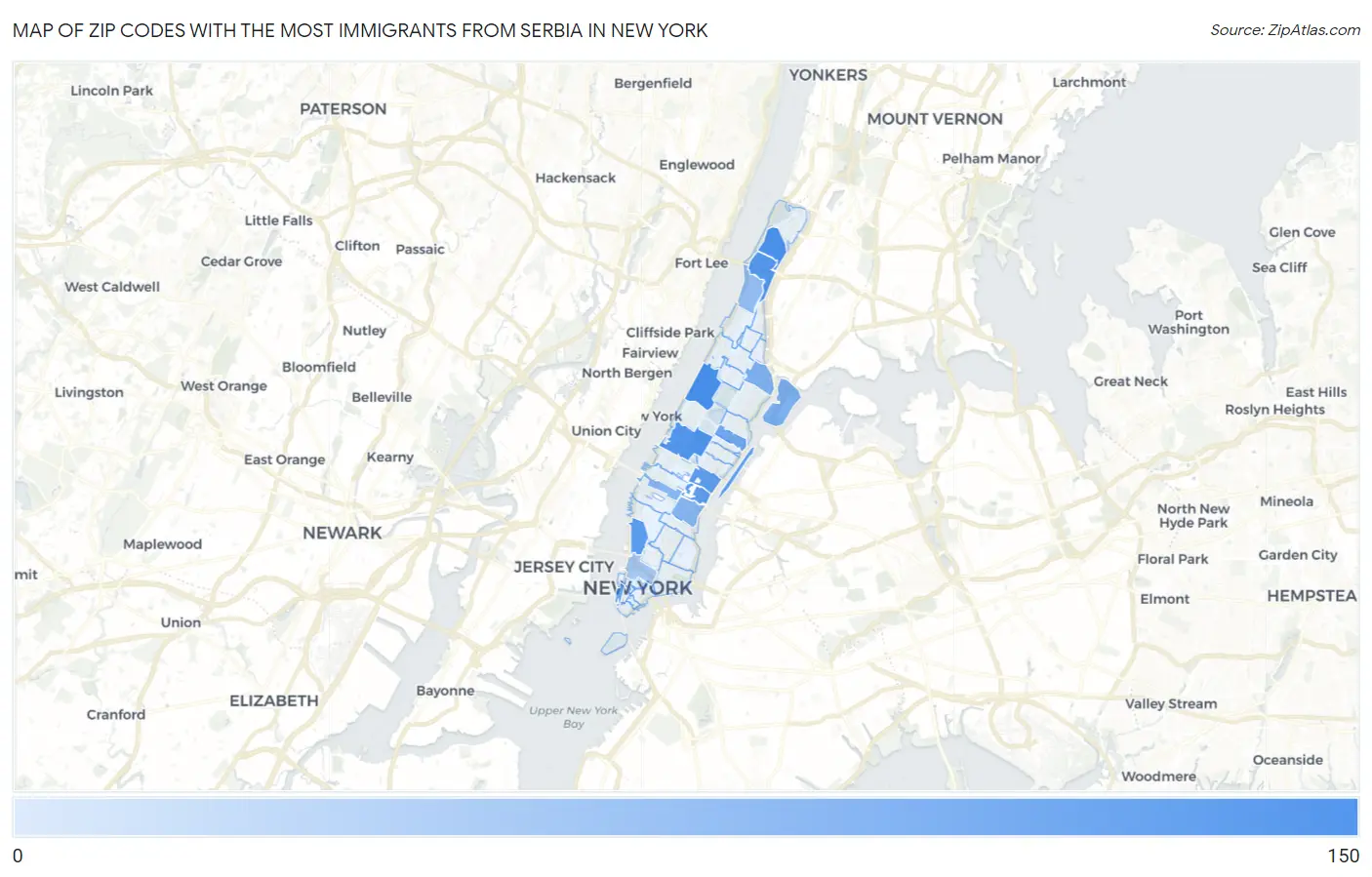 Zip Codes with the Most Immigrants from Serbia in New York Map