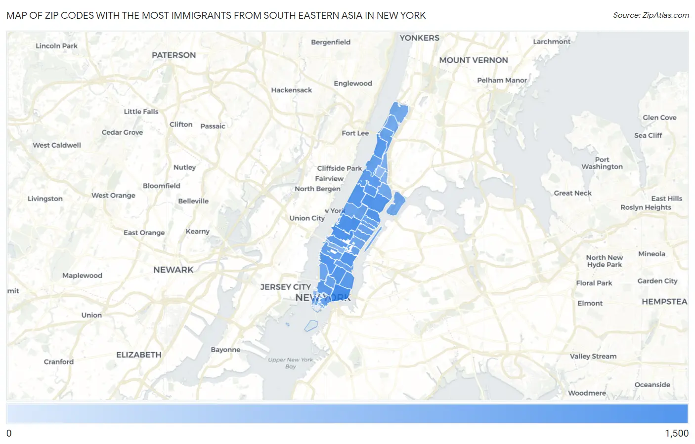 Zip Codes with the Most Immigrants from South Eastern Asia in New York Map
