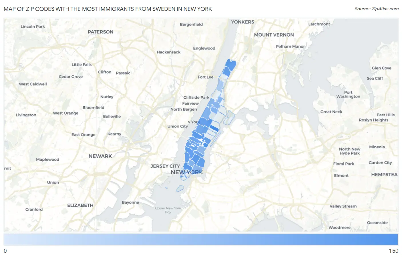 Zip Codes with the Most Immigrants from Sweden in New York Map