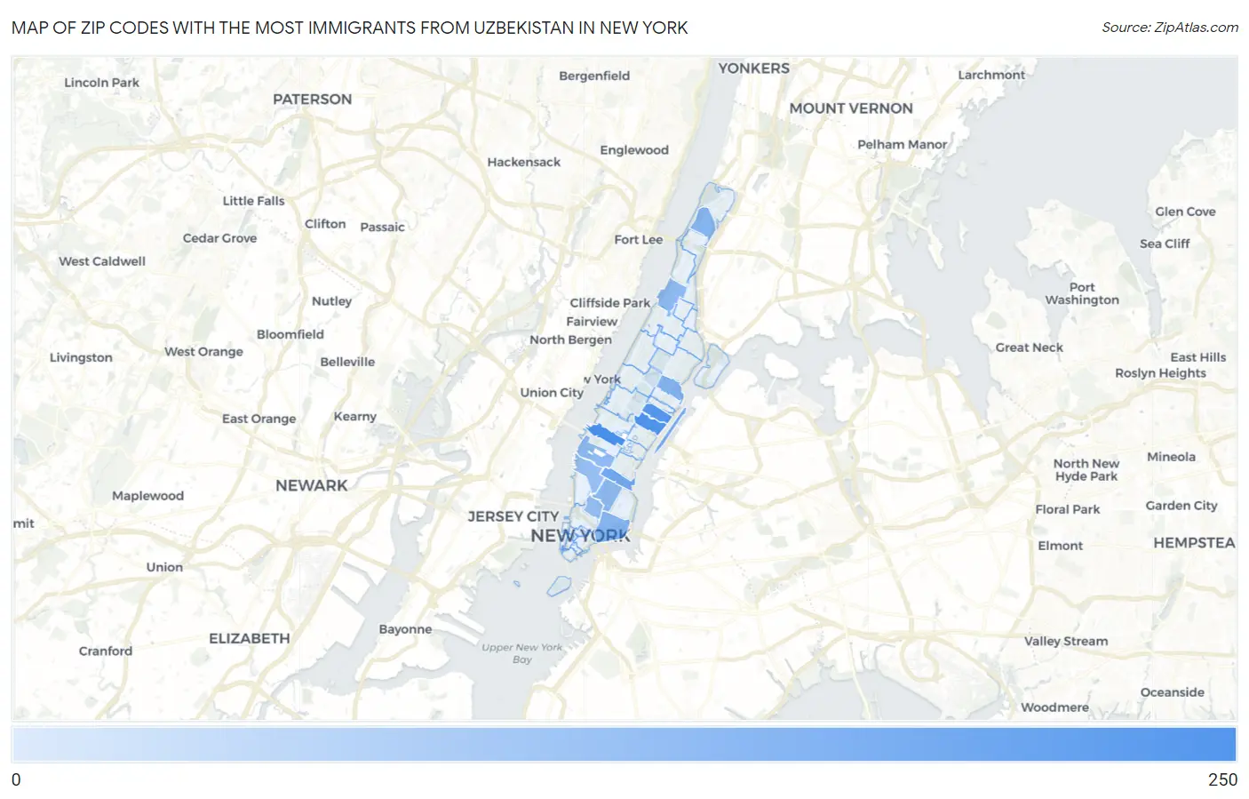 Zip Codes with the Most Immigrants from Uzbekistan in New York Map