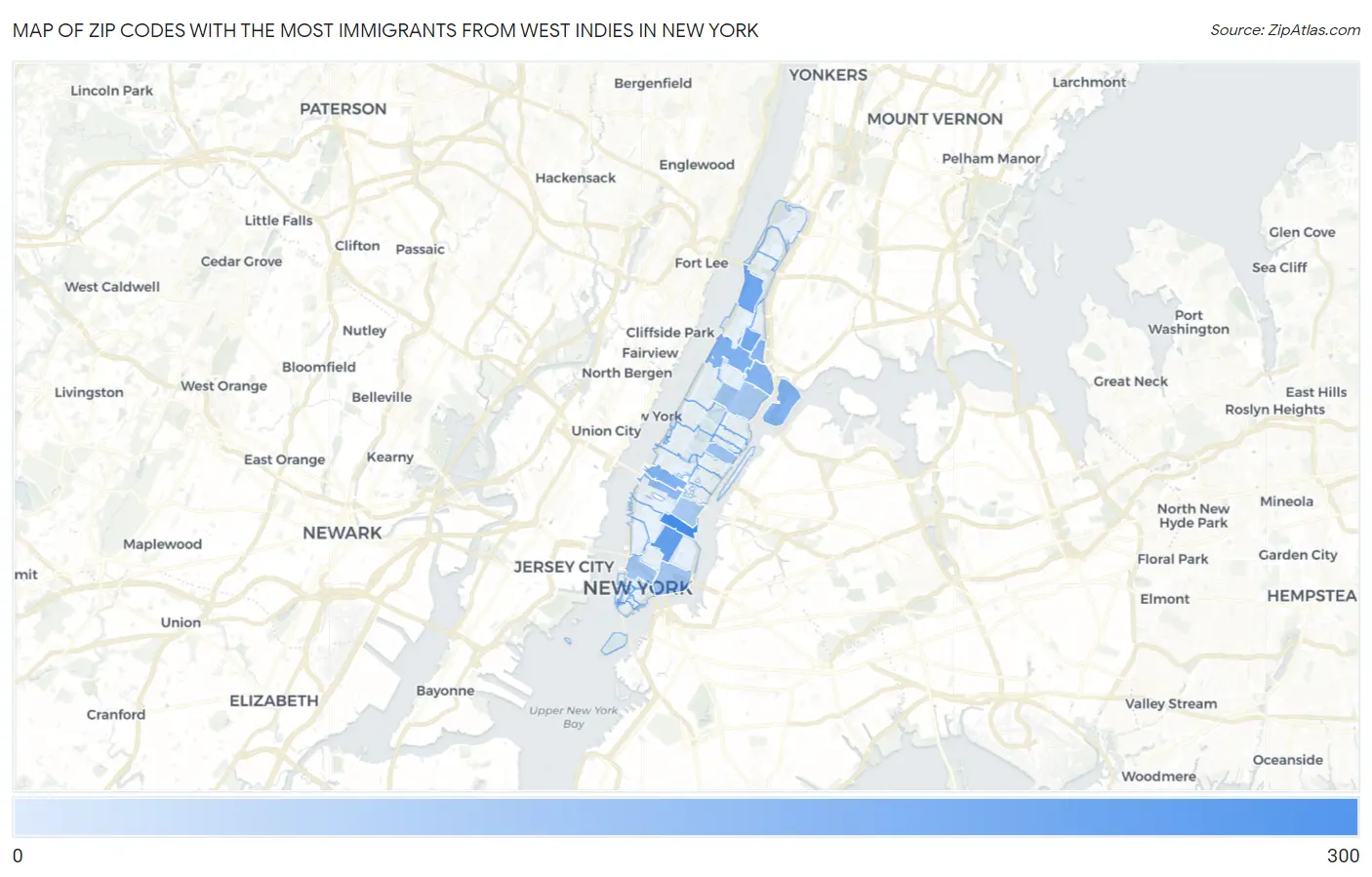 Zip Codes with the Most Immigrants from West Indies in New York Map