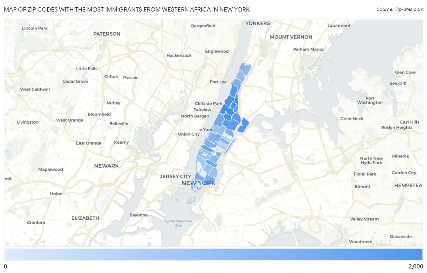 Zip Codes with the Most Immigrants from Western Africa in New York Map