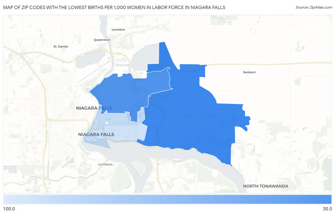 Zip Codes with the Lowest Births per 1,000 Women in Labor Force in Niagara Falls Map