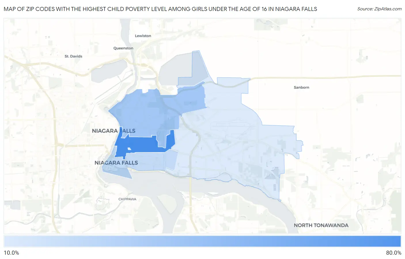 Zip Codes with the Highest Child Poverty Level Among Girls Under the Age of 16 in Niagara Falls Map