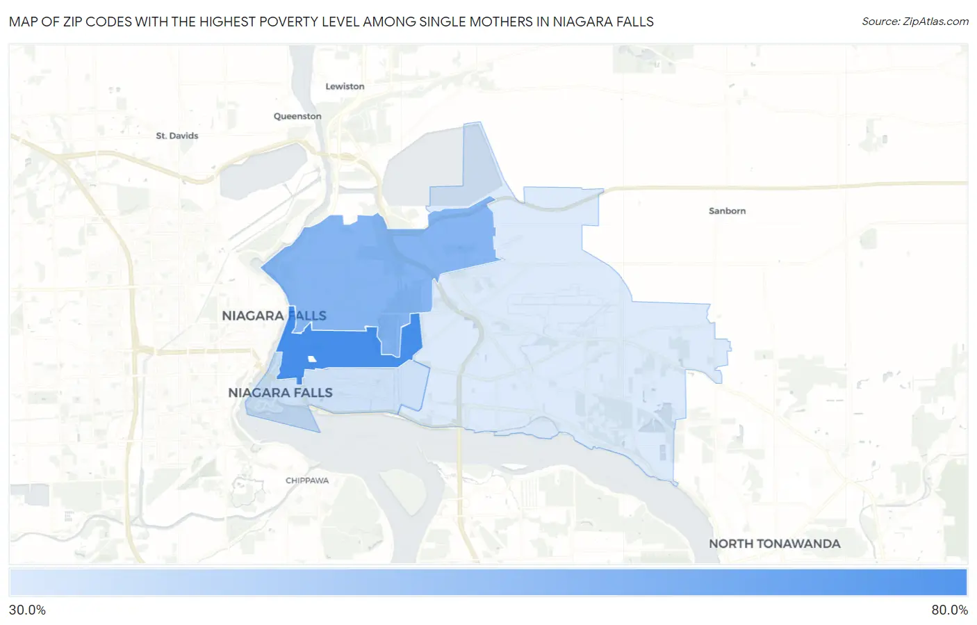 Zip Codes with the Highest Poverty Level Among Single Mothers in Niagara Falls Map