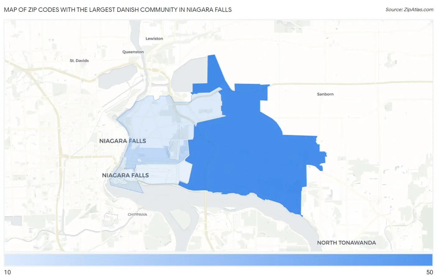 Zip Codes with the Largest Danish Community in Niagara Falls Map