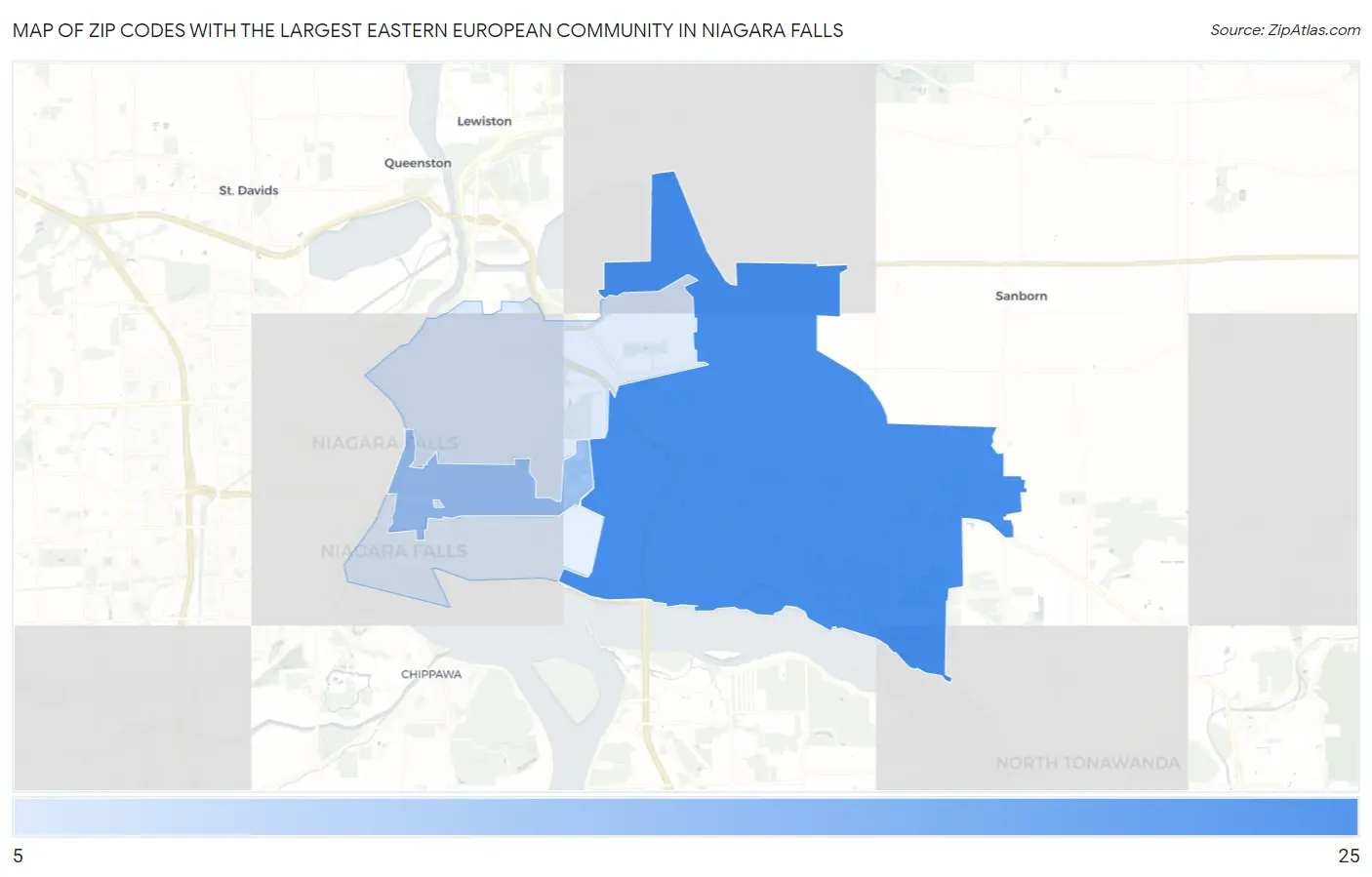 Zip Codes with the Largest Eastern European Community in Niagara Falls Map