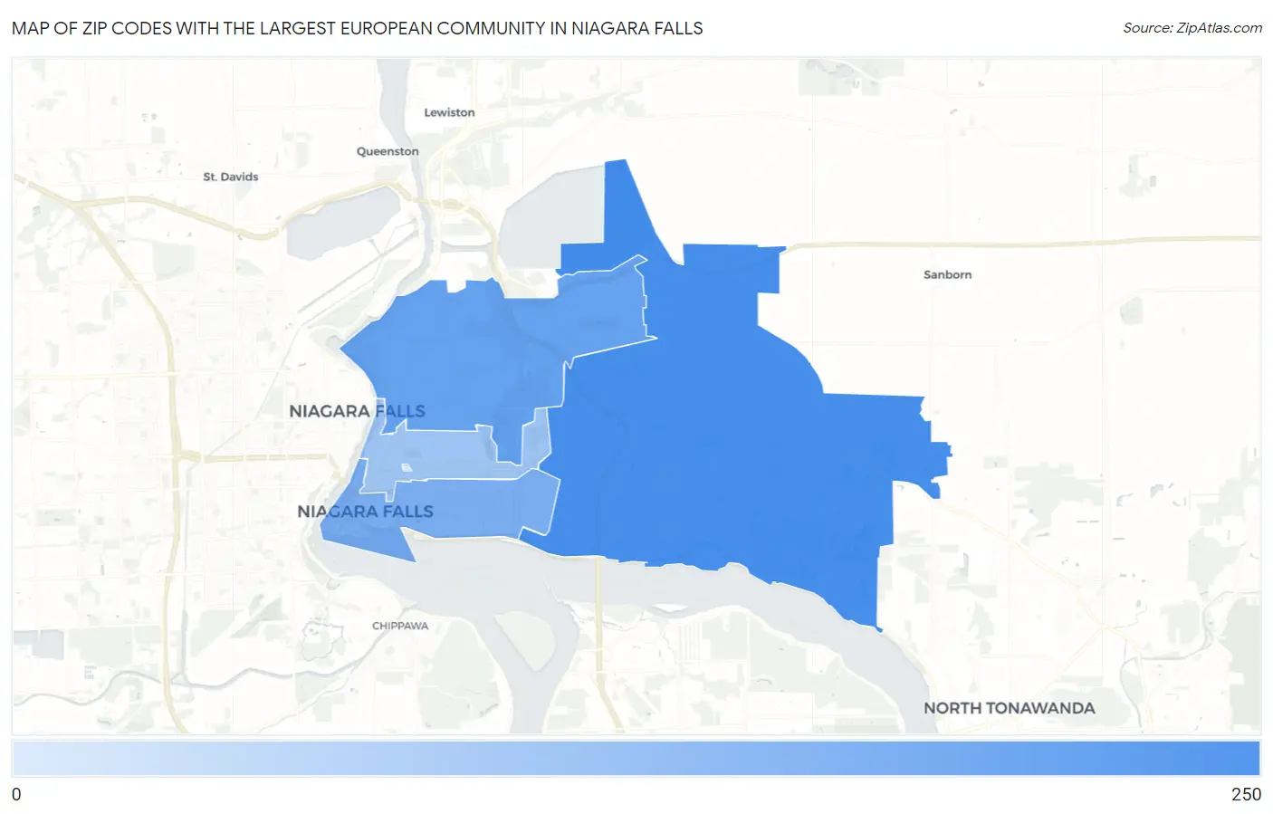 Zip Codes with the Largest European Community in Niagara Falls Map