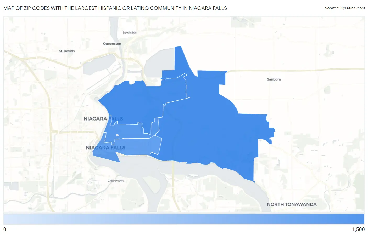 Zip Codes with the Largest Hispanic or Latino Community in Niagara Falls Map