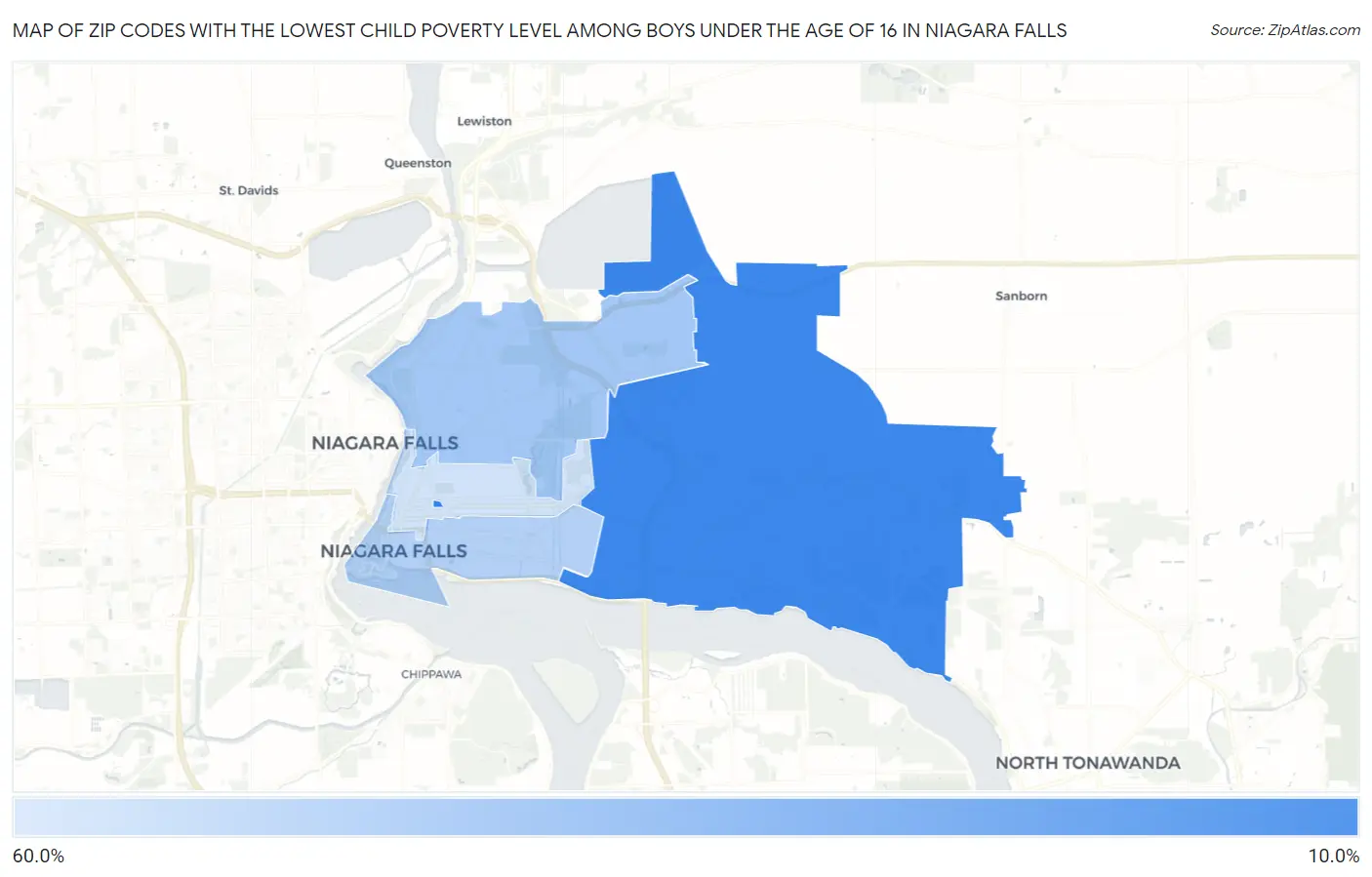 Zip Codes with the Lowest Child Poverty Level Among Boys Under the Age of 16 in Niagara Falls Map