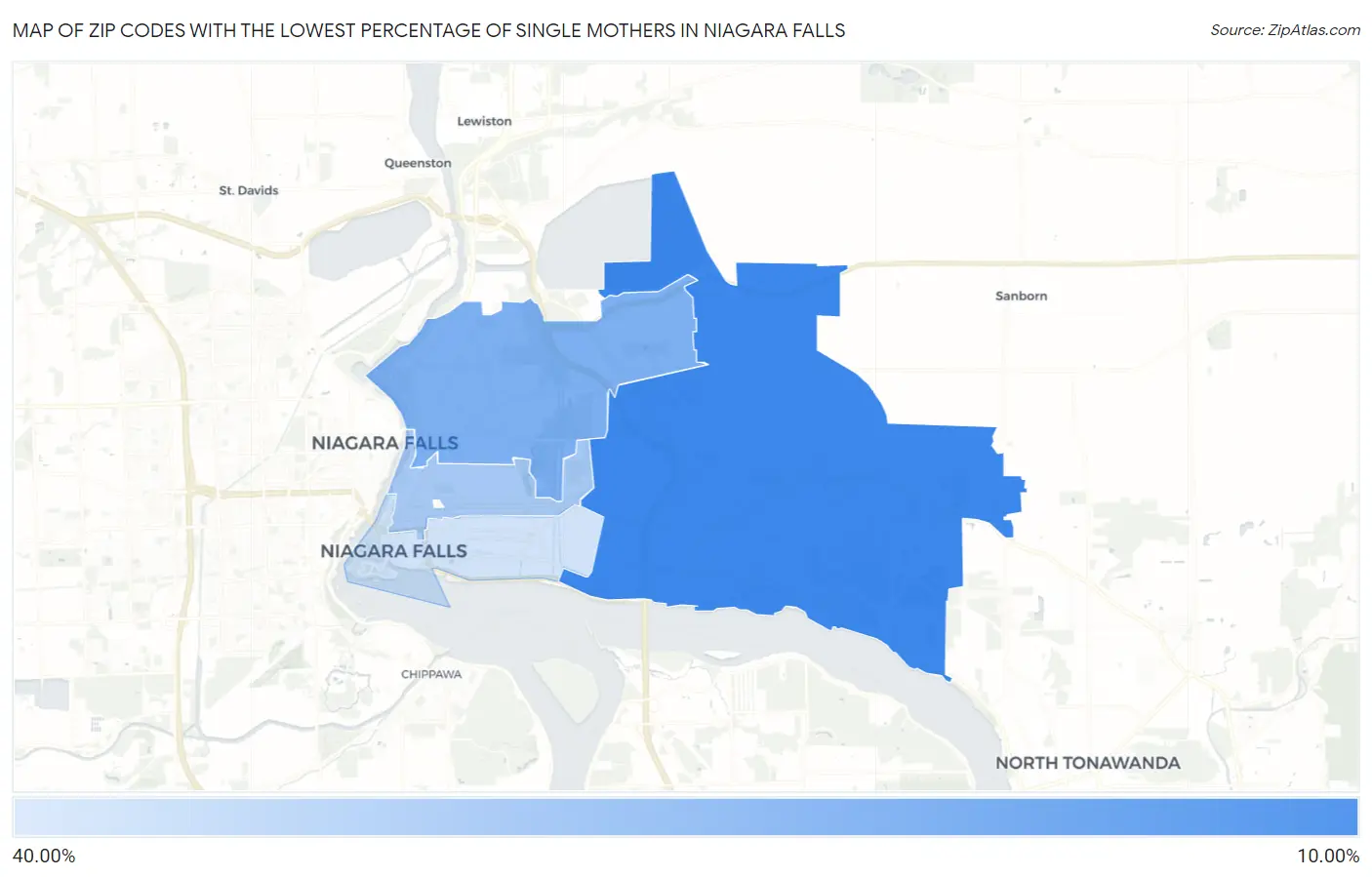 Zip Codes with the Lowest Percentage of Single Mothers in Niagara Falls Map