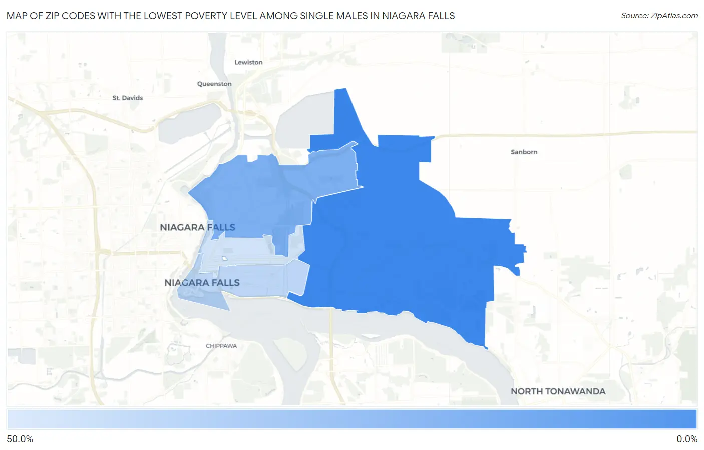 Zip Codes with the Lowest Poverty Level Among Single Males in Niagara Falls Map