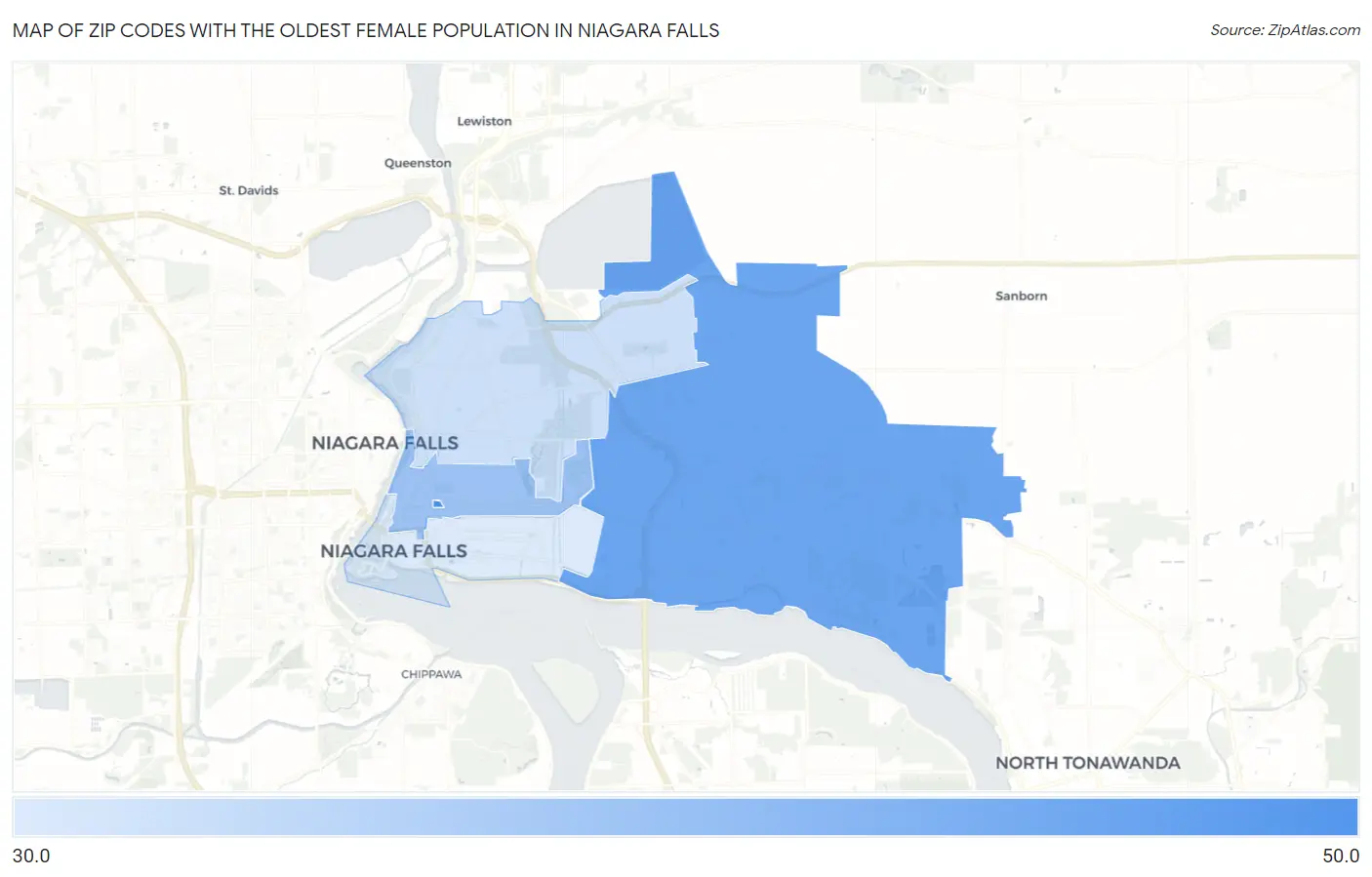 Zip Codes with the Oldest Female Population in Niagara Falls Map