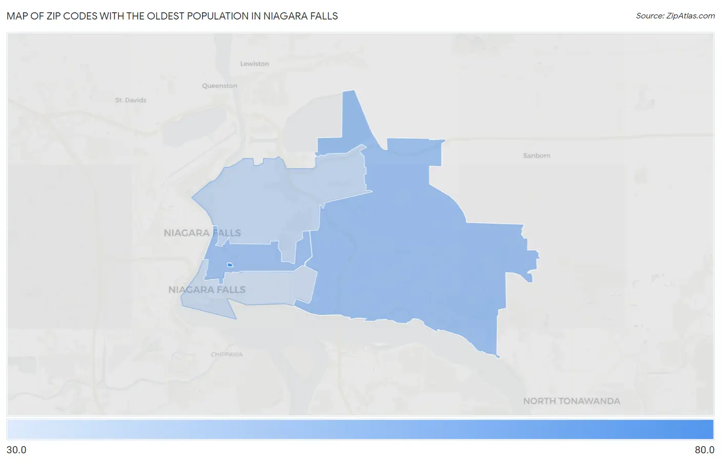 Zip Codes with the Oldest Population in Niagara Falls Map