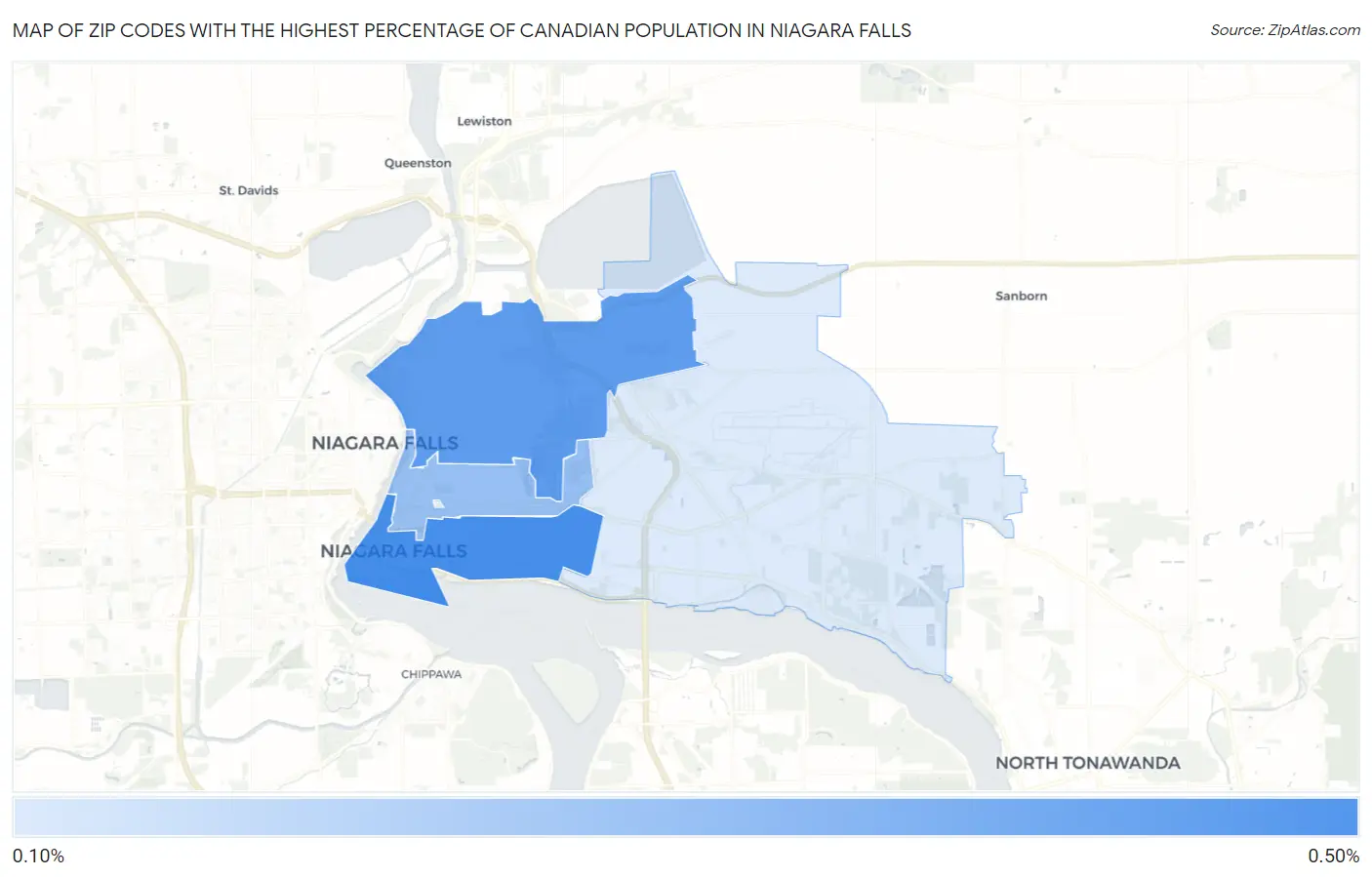 Zip Codes with the Highest Percentage of Canadian Population in Niagara Falls Map