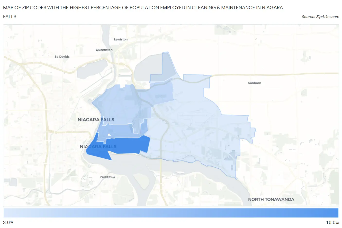 Zip Codes with the Highest Percentage of Population Employed in Cleaning & Maintenance in Niagara Falls Map