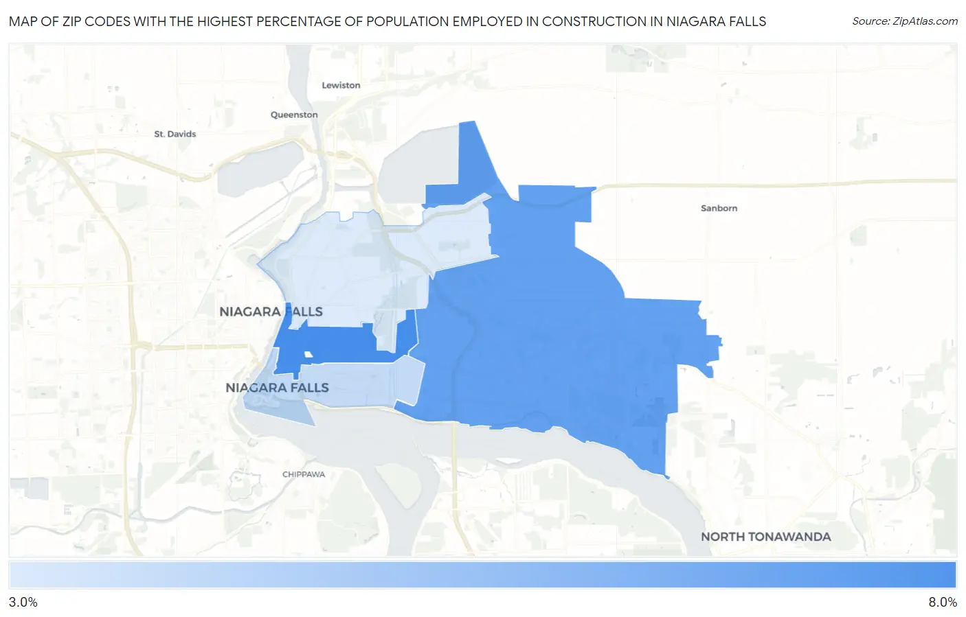 Zip Codes with the Highest Percentage of Population Employed in Construction in Niagara Falls Map