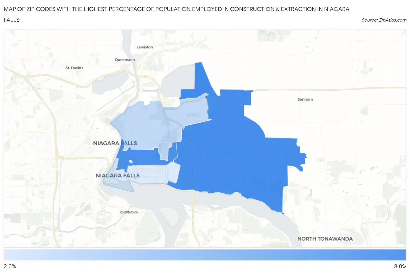 Zip Codes with the Highest Percentage of Population Employed in Construction & Extraction in Niagara Falls Map