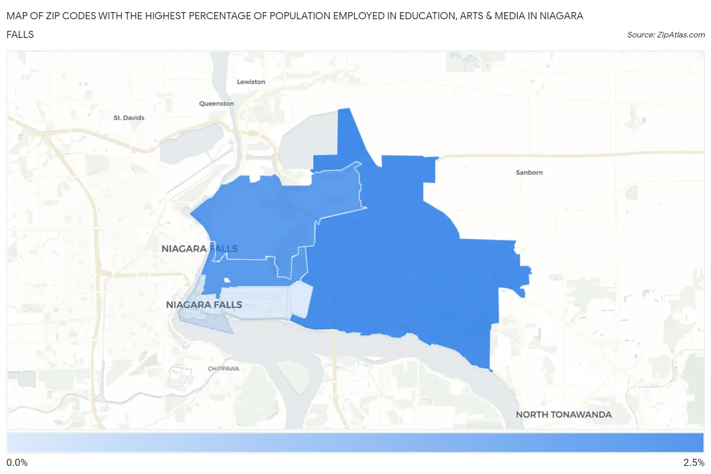 Zip Codes with the Highest Percentage of Population Employed in Education, Arts & Media in Niagara Falls Map