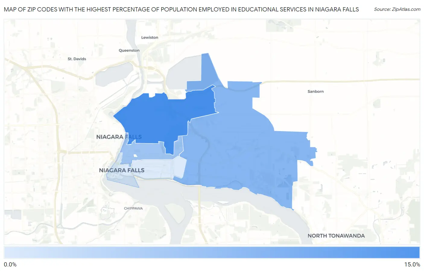 Zip Codes with the Highest Percentage of Population Employed in Educational Services in Niagara Falls Map