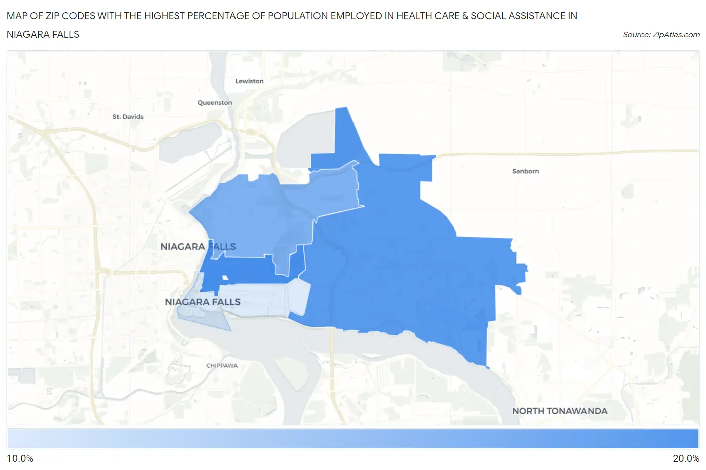 Zip Codes with the Highest Percentage of Population Employed in Health Care & Social Assistance in Niagara Falls Map