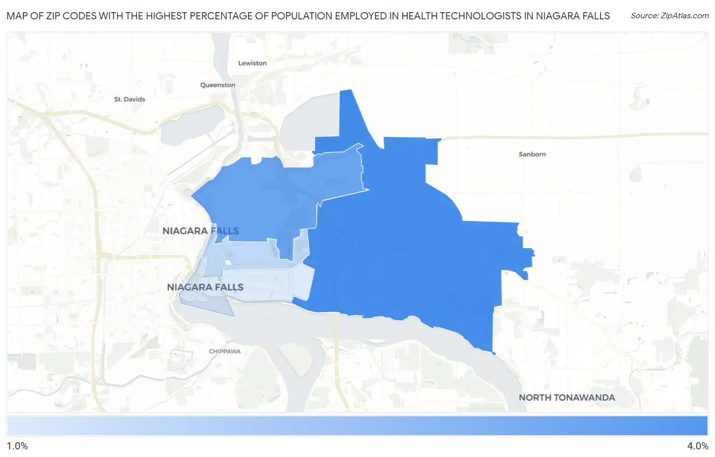 Zip Codes with the Highest Percentage of Population Employed in Health Technologists in Niagara Falls Map