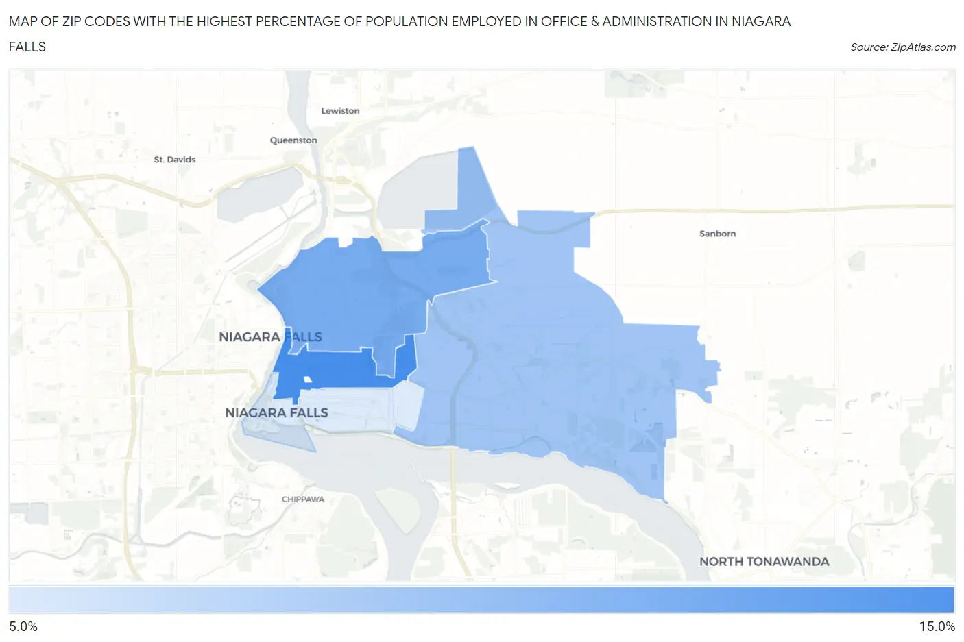 Zip Codes with the Highest Percentage of Population Employed in Office & Administration in Niagara Falls Map