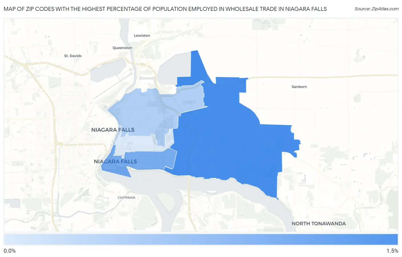 Zip Codes with the Highest Percentage of Population Employed in Wholesale Trade in Niagara Falls Map