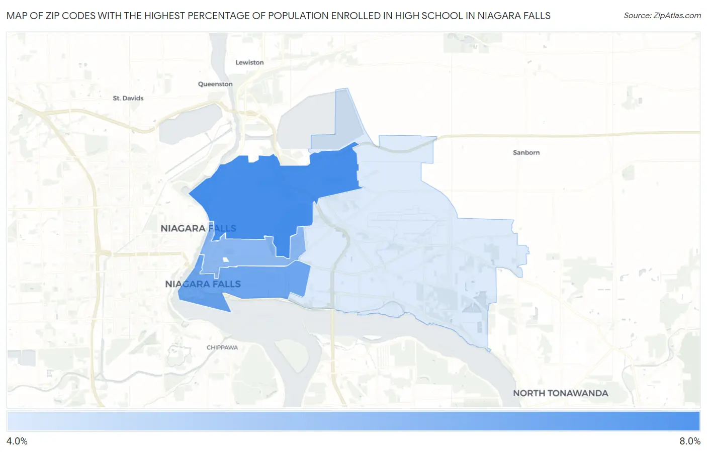 Zip Codes with the Highest Percentage of Population Enrolled in High School in Niagara Falls Map