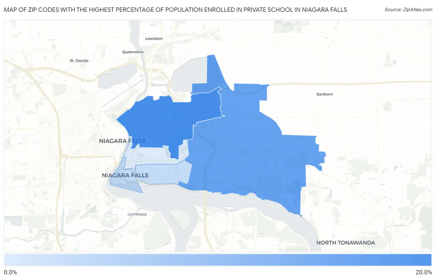 Zip Codes with the Highest Percentage of Population Enrolled in Private School in Niagara Falls Map