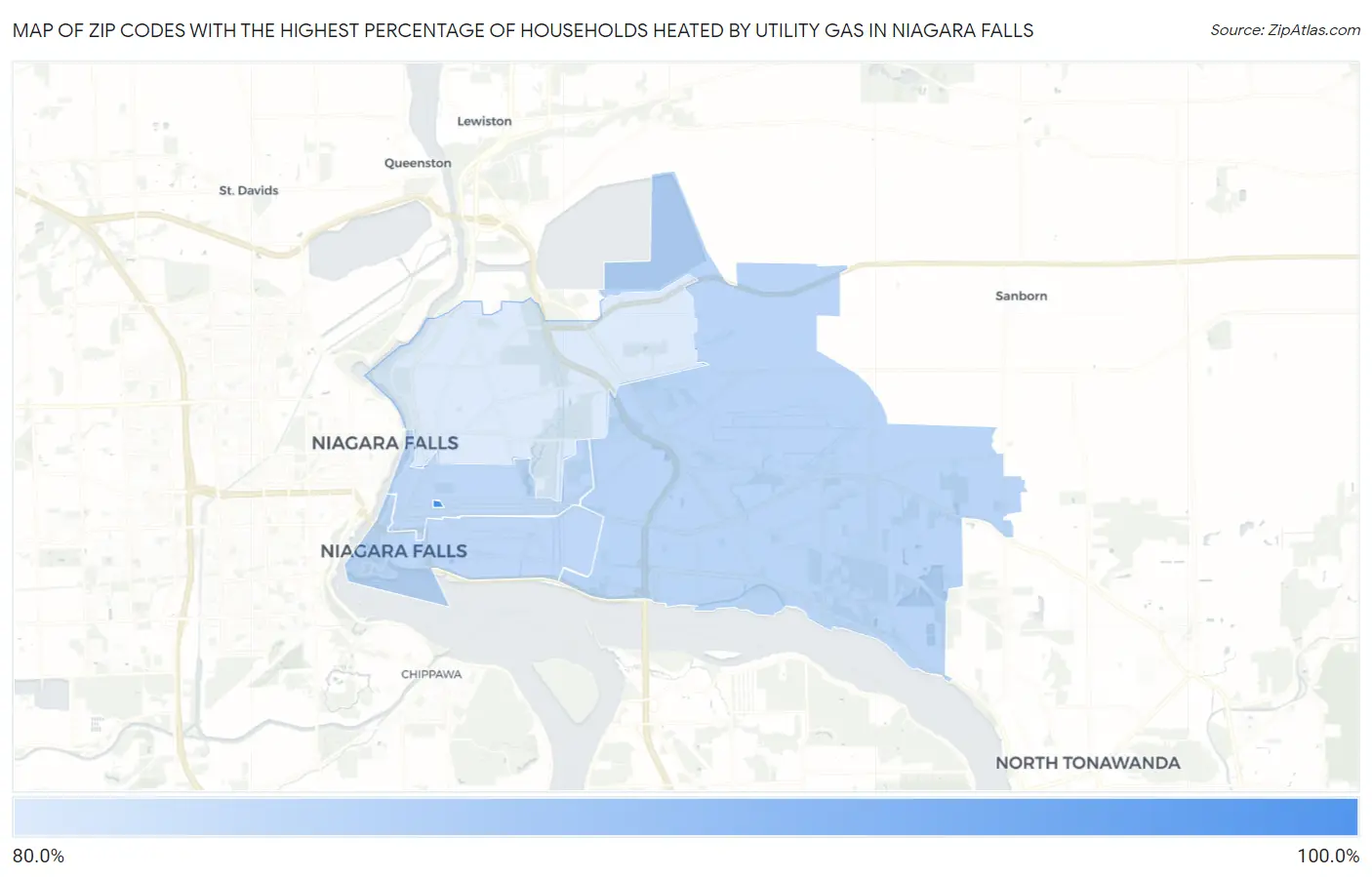 Zip Codes with the Highest Percentage of Households Heated by Utility Gas in Niagara Falls Map