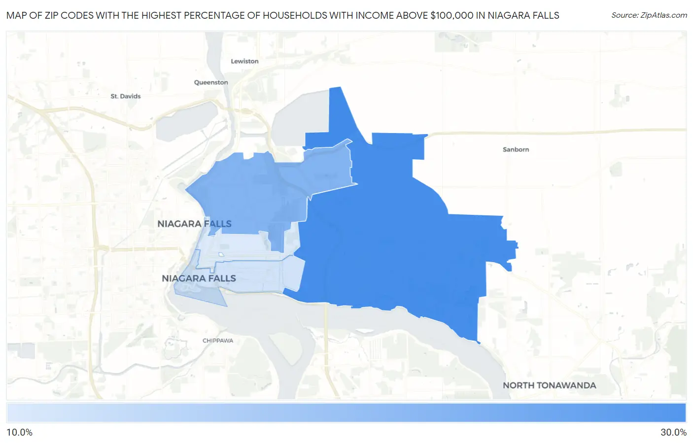 Zip Codes with the Highest Percentage of Households with Income Above $100,000 in Niagara Falls Map