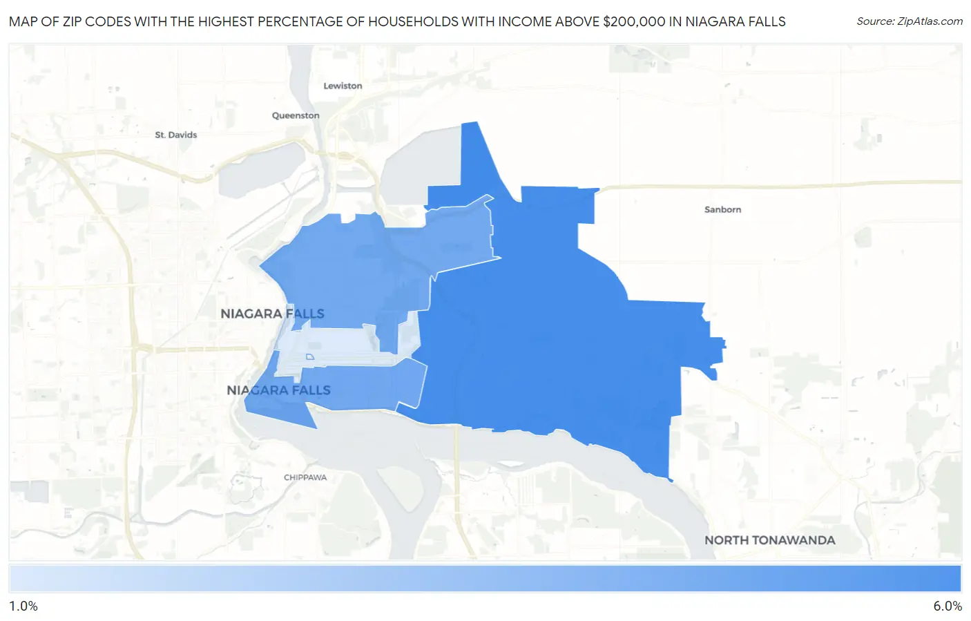 Zip Codes with the Highest Percentage of Households with Income Above $200,000 in Niagara Falls Map