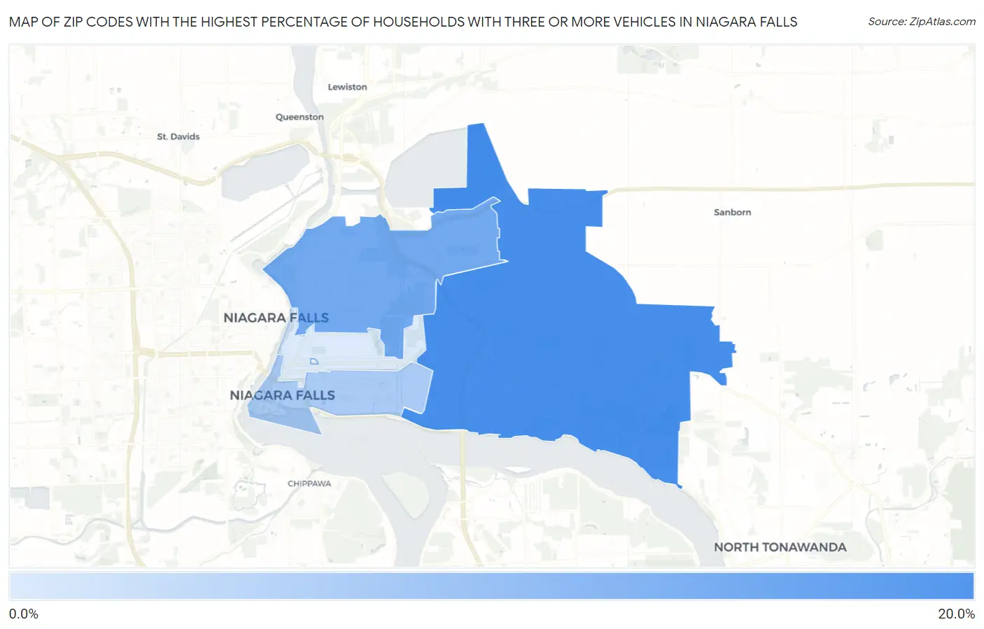 Zip Codes with the Highest Percentage of Households With Three or more Vehicles in Niagara Falls Map