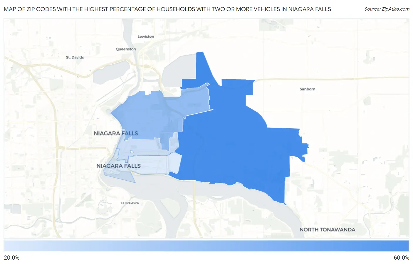 Zip Codes with the Highest Percentage of Households With Two or more Vehicles in Niagara Falls Map