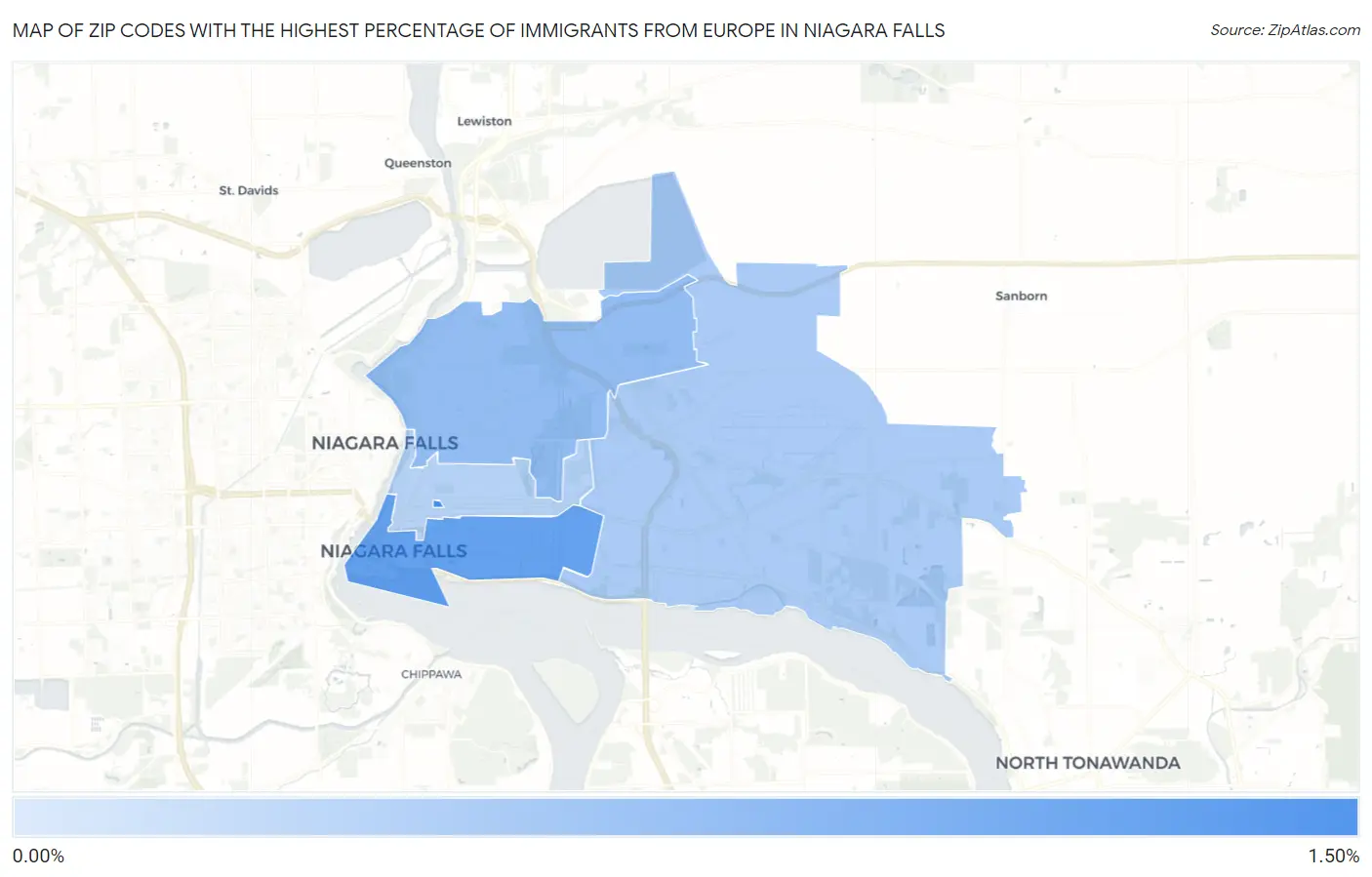 Zip Codes with the Highest Percentage of Immigrants from Europe in Niagara Falls Map