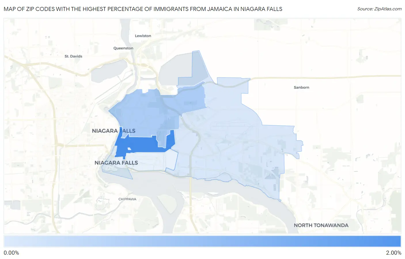Zip Codes with the Highest Percentage of Immigrants from Jamaica in Niagara Falls Map