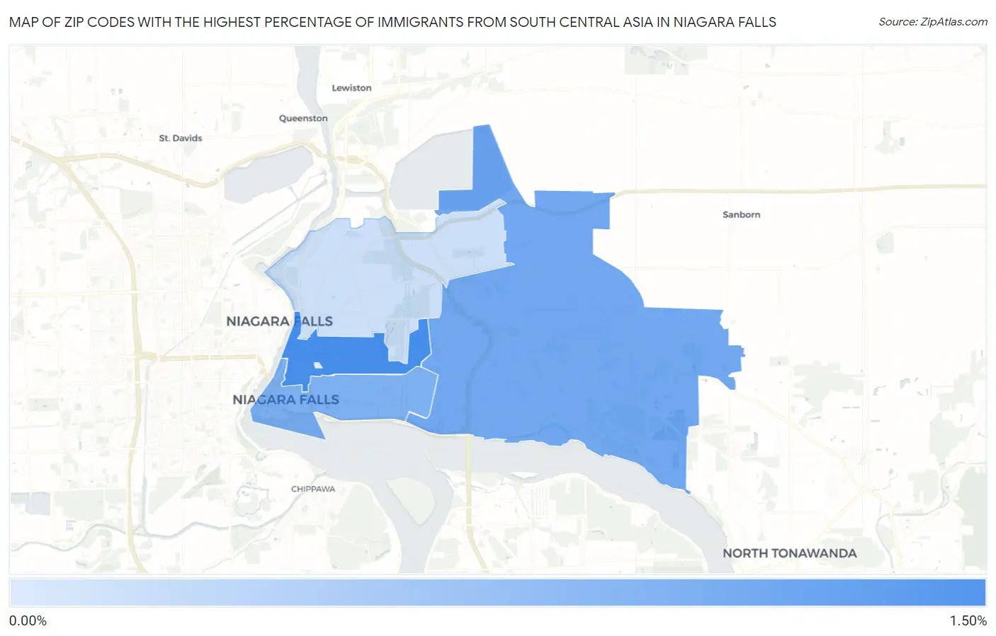 Zip Codes with the Highest Percentage of Immigrants from South Central Asia in Niagara Falls Map