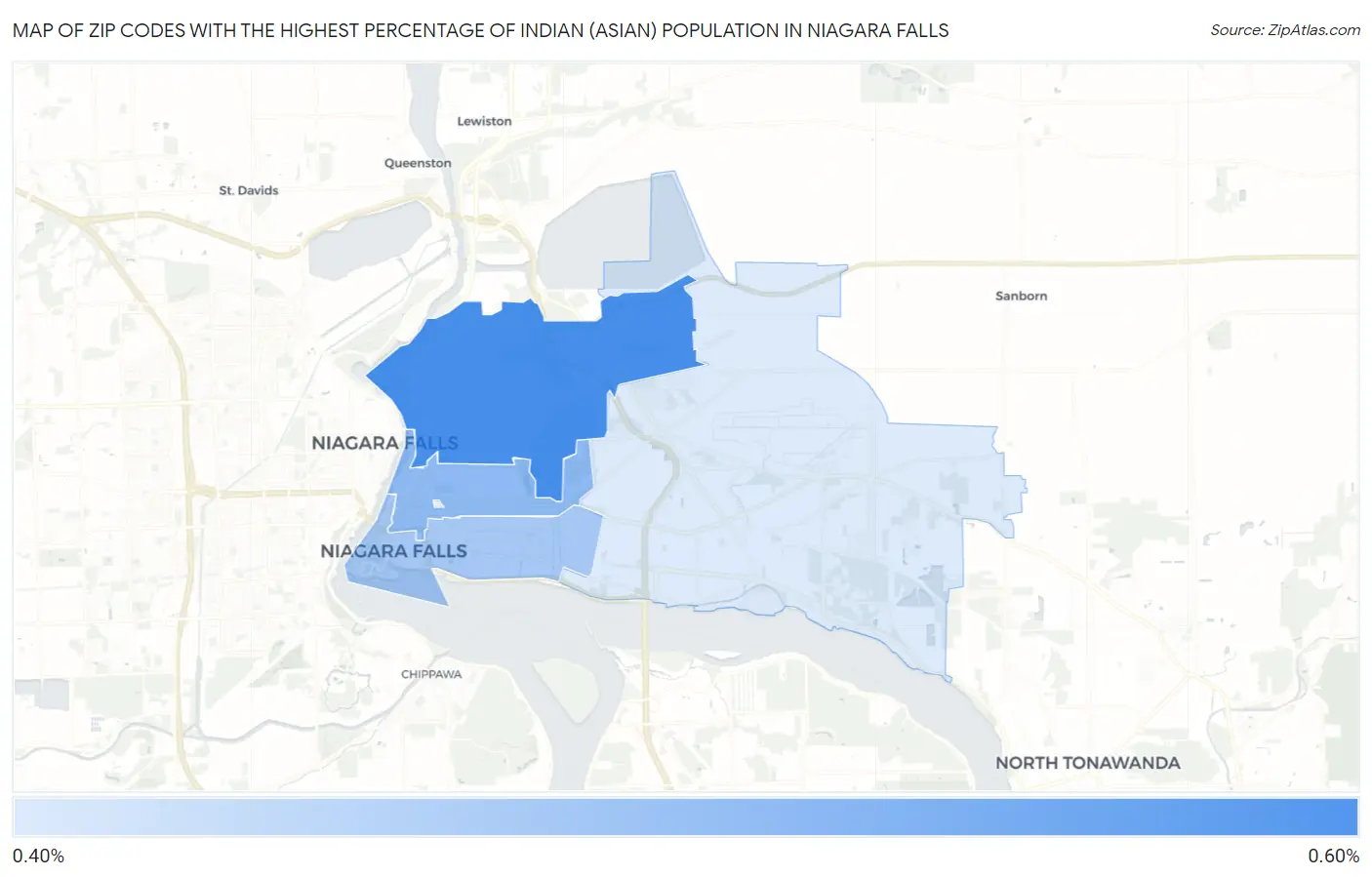 Zip Codes with the Highest Percentage of Indian (Asian) Population in Niagara Falls Map
