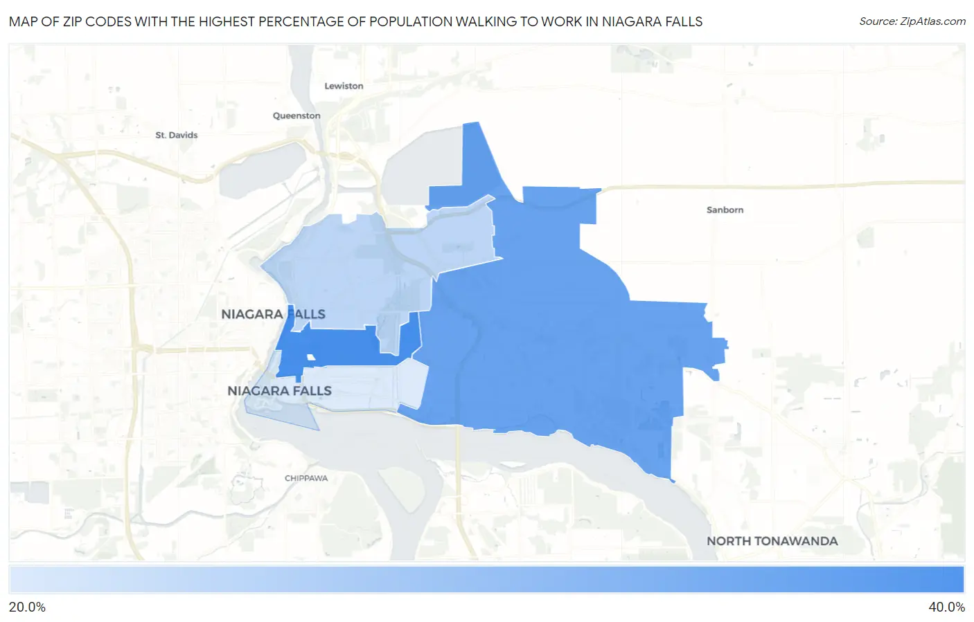 Zip Codes with the Highest Percentage of Population Walking to Work in Niagara Falls Map