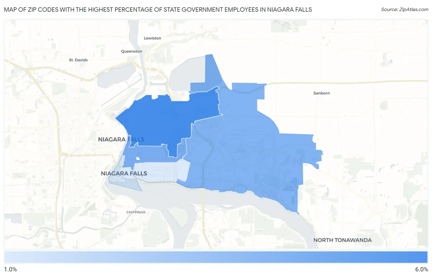 Zip Codes with the Highest Percentage of State Government Employees in Niagara Falls Map