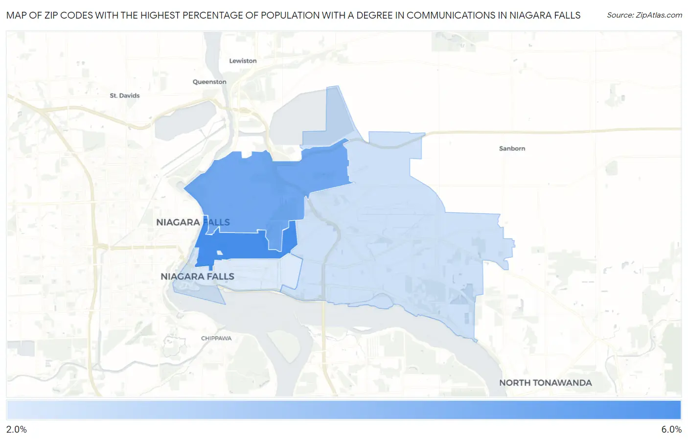 Zip Codes with the Highest Percentage of Population with a Degree in Communications in Niagara Falls Map