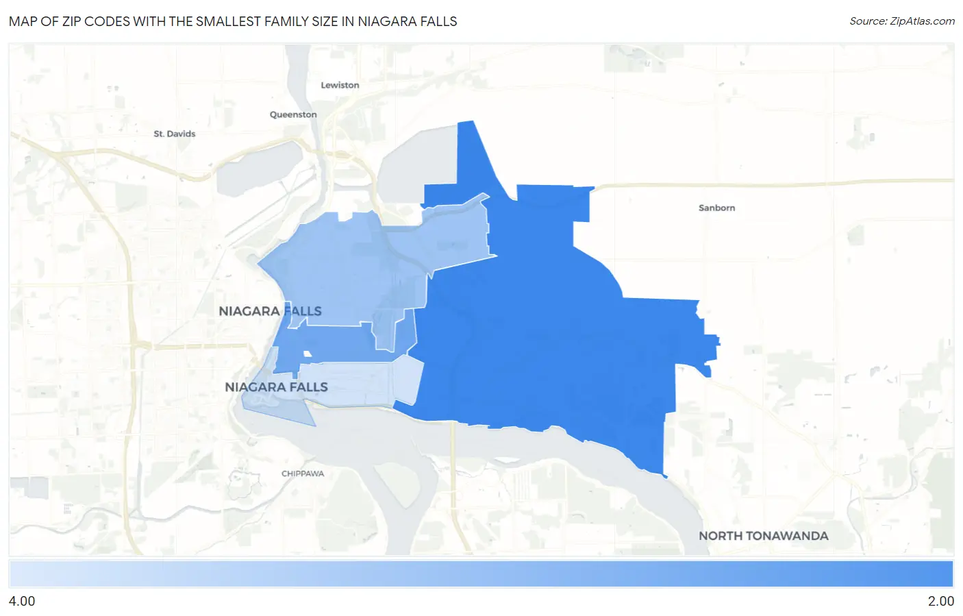 Zip Codes with the Smallest Family Size in Niagara Falls Map