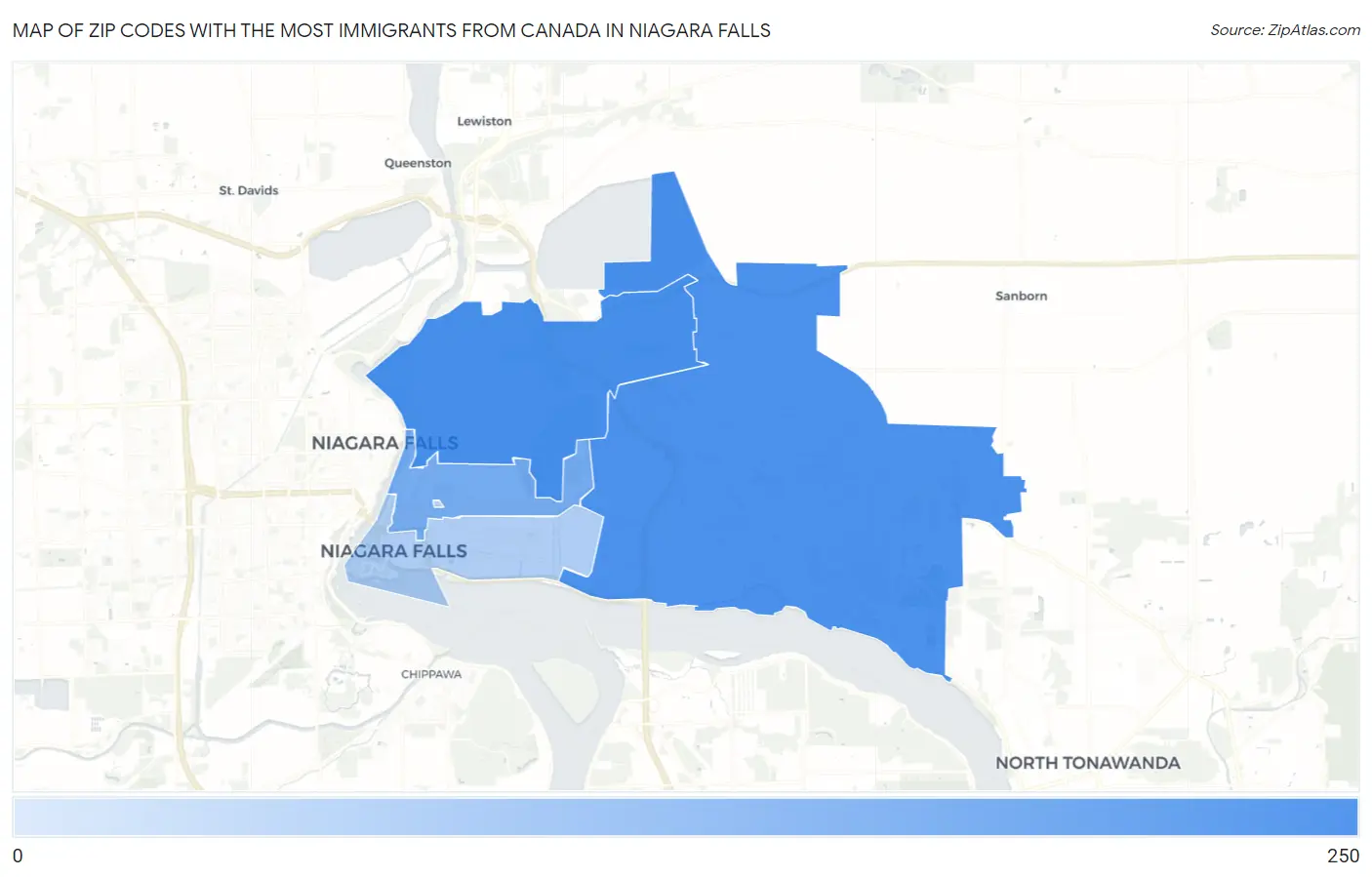 Zip Codes with the Most Immigrants from Canada in Niagara Falls Map