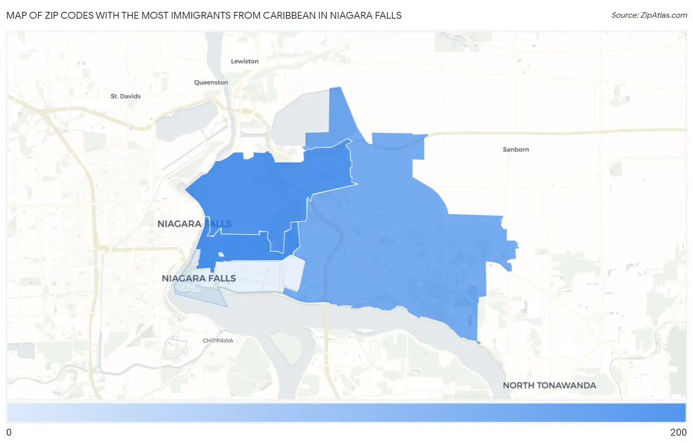 Zip Codes with the Most Immigrants from Caribbean in Niagara Falls Map