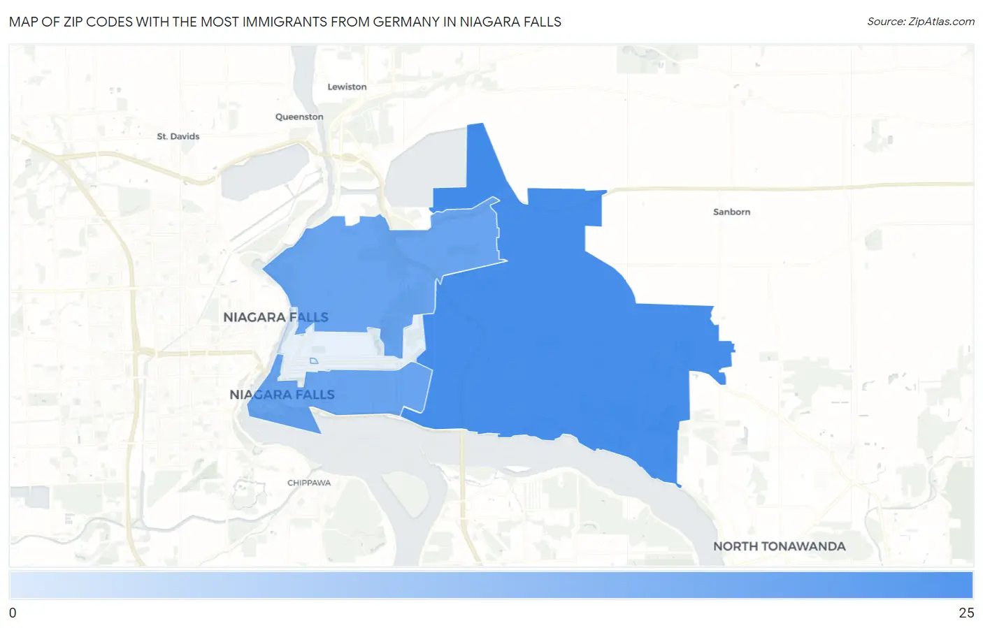 Zip Codes with the Most Immigrants from Germany in Niagara Falls Map