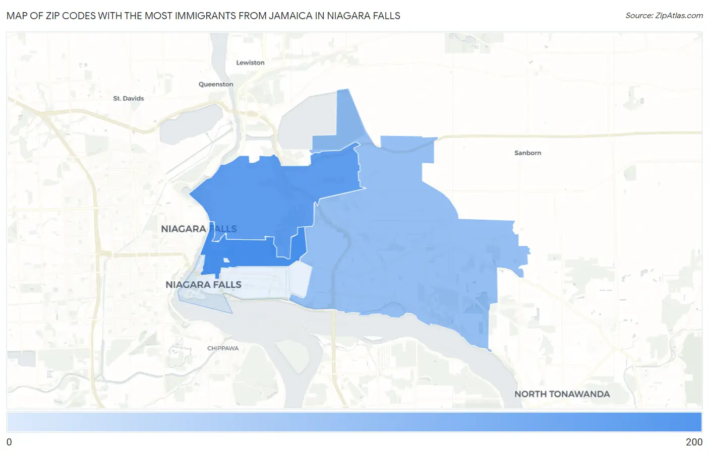 Zip Codes with the Most Immigrants from Jamaica in Niagara Falls Map