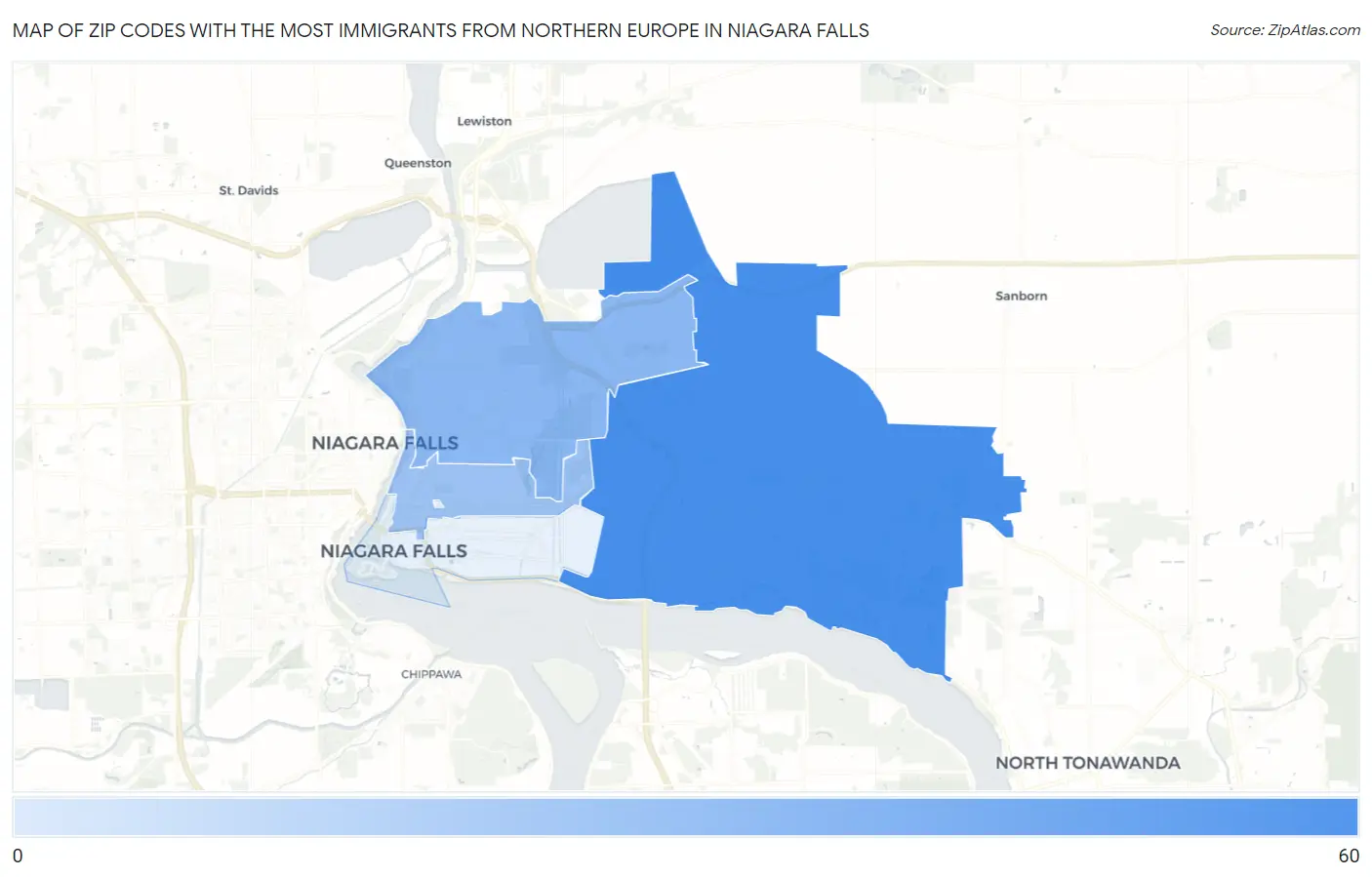 Zip Codes with the Most Immigrants from Northern Europe in Niagara Falls Map